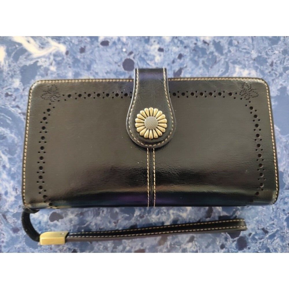 Womens Lavemi RFID Black Leather Clutch Wristlet Wallet Large Capacity